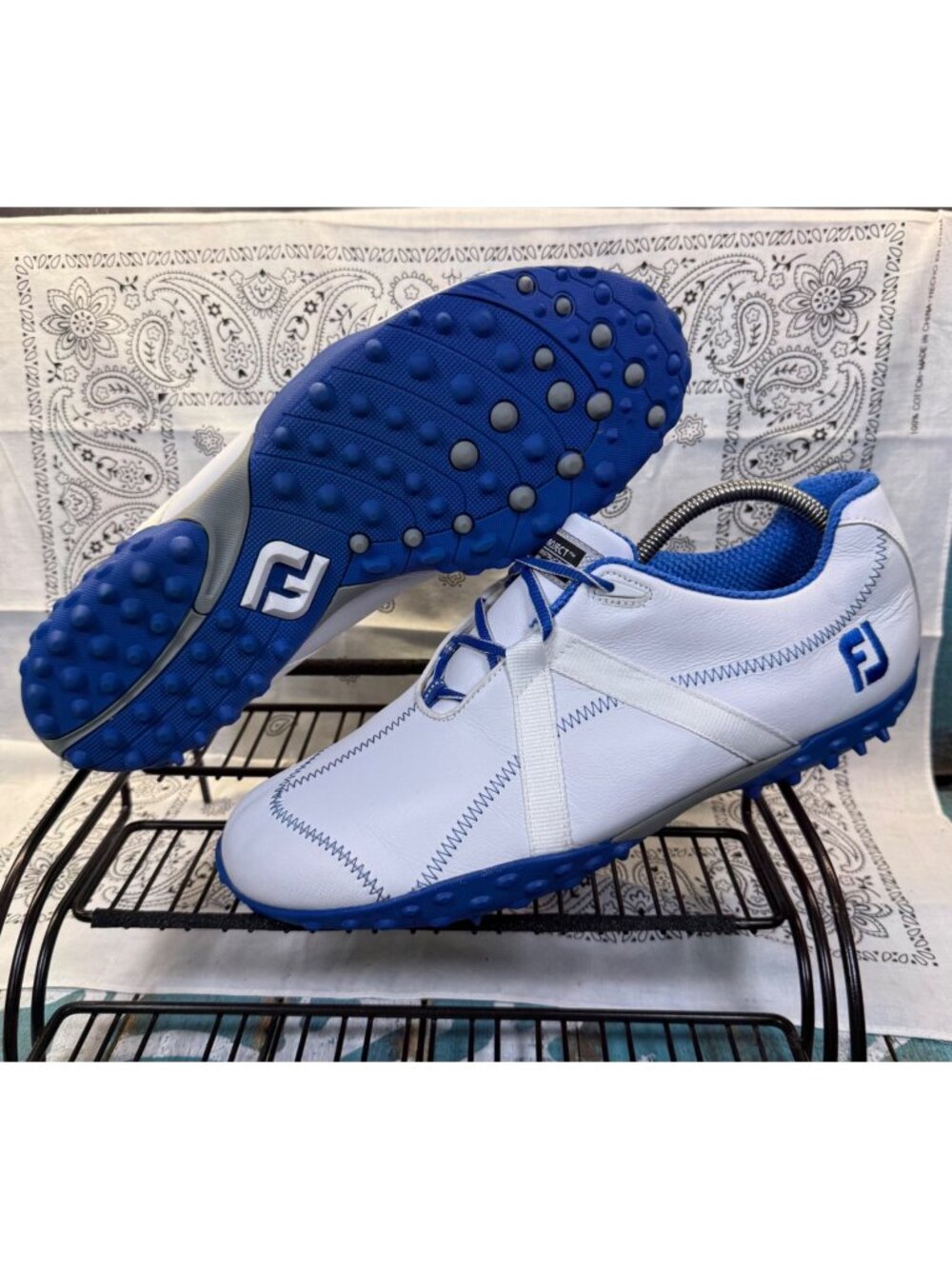 FootJoy FJ M-Project White/Blue Leather Spikeless Golf Shoes 55264 Men 10.5M EUC